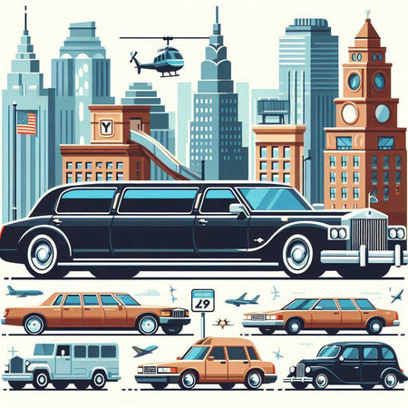 Vintage limousine on the background of the city. Vector illustrationのイラスト素材