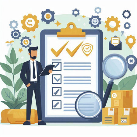 Businessman with checklist and magnifier. Flat style vector illustration.のイラスト素材