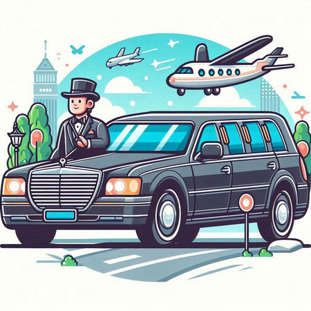 Vector illustration of a taxi driver in a hat standing next to a limousineのイラスト素材