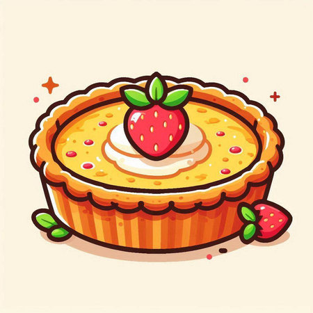 Illustration of a pie with cream and strawberries on a light backgroundのイラスト素材