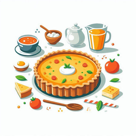 Vector illustration of a pie with vegetables, meat, cheese and eggs.のイラスト素材