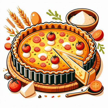 Vector illustration of a pie with tomato, mozzarella and cheeseのイラスト素材