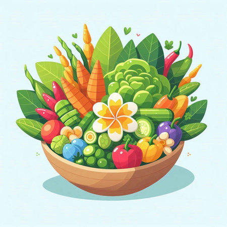 Vector illustration of a bowl full of fresh vegetables on a blue backgroundのイラスト素材