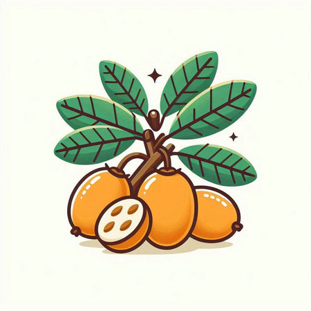 Loquat fruits with leaves on white background. Vector illustration.のイラスト素材