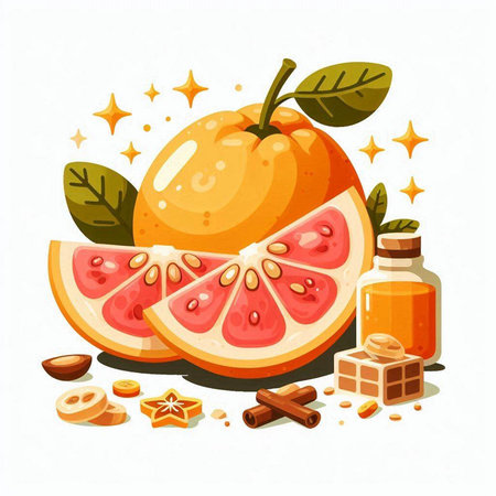 Grapefruit, honey, cinnamon and star. Vector illustration.のイラスト素材