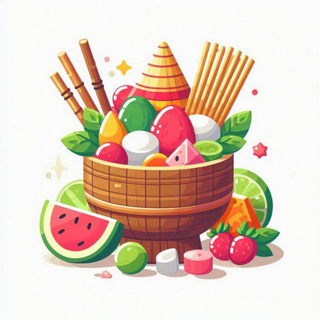 Colorful vector illustration of a bowl of watermelon, melon and mozzarella with chopsticksのイラスト素材