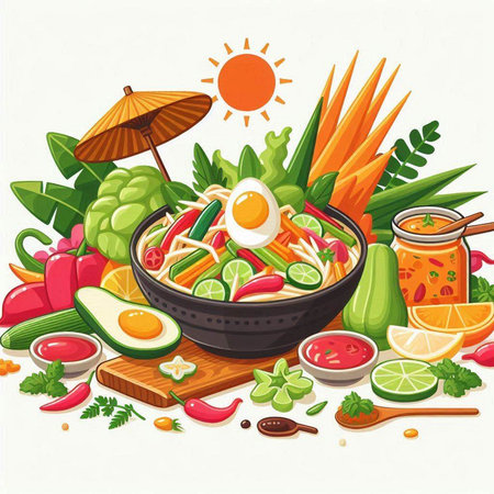 Vector illustration of Thai spicy soup with vegetables, fruits and herbs.のイラスト素材