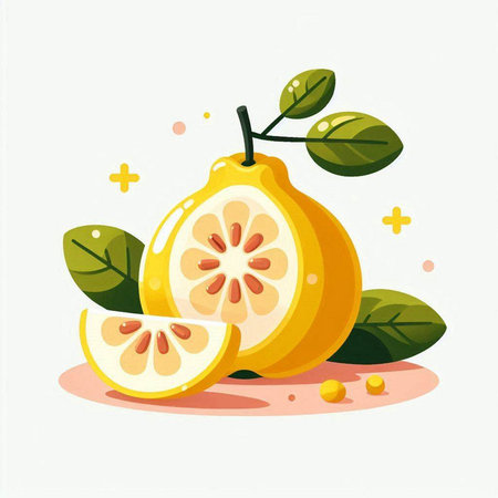 Lemon fruit vector illustration. Juicy citrus fruit with leaves.のイラスト素材