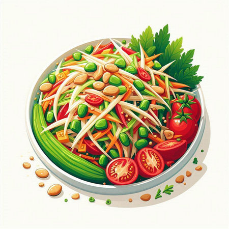 Illustration of a bowl of papaya salad with vegetables and greensのイラスト素材