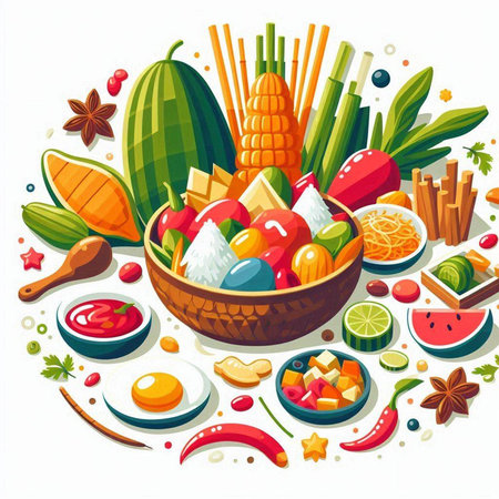 Vegetarian healthy food. Vector illustration of fresh vegetables and fruits in bowl.のイラスト素材