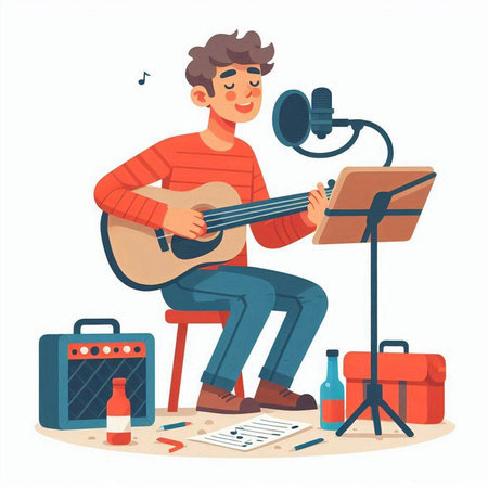 Man playing guitar, singing song in recording studio. Musician, singer, musician. Vector flat cartoon illustrationのイラスト素材