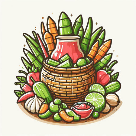 Illustration of a basket full of vegetables and fruits. Vector illustration.のイラスト素材