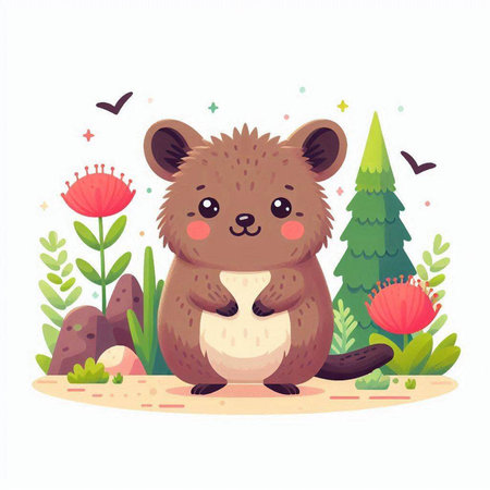 Cute cartoon beaver in the forest. Vector illustration on white background.のイラスト素材