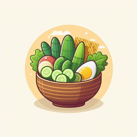 Illustration of a bowl of vegetables and eggs. Vector illustration.のイラスト素材
