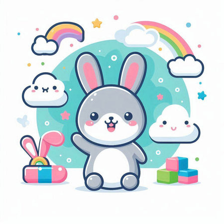 Cute cartoon bunny with rainbow and gift box. Vector illustration.のイラスト素材