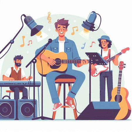 Musical band. Musician playing guitar and singing. Vector illustrationのイラスト素材