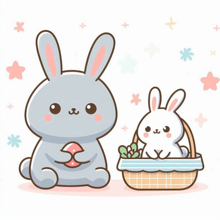 Cute bunny and basket with easter eggs. Vector illustration.のイラスト素材
