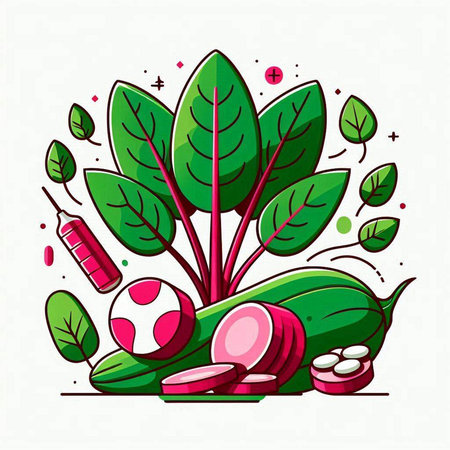 Healthy lifestyle vector illustration with green beetroot, red pill and syringe.のイラスト素材