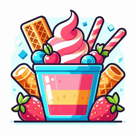 Strawberry ice cream in a cup. Vector illustration in cartoon style.のイラスト素材