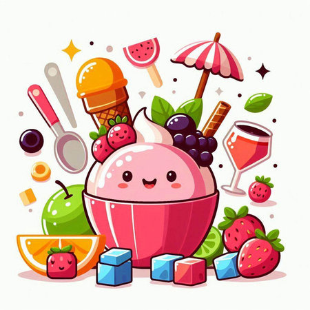 Cute cartoon ice cream character with fruits and berries. Vector illustration.のイラスト素材