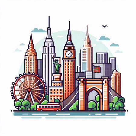 New York City skyline. Vector illustration in flat style. USA.のイラスト素材