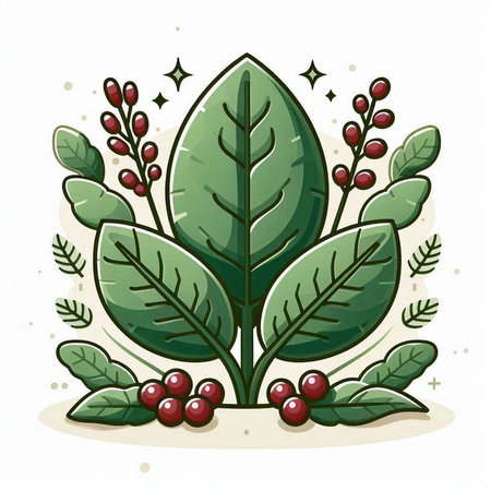 Coffee plant with berries and leaves. Hand drawn vector illustration.のイラスト素材