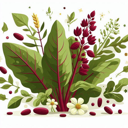Vector illustration of red beetroot with leaves, flowers and seeds.のイラスト素材