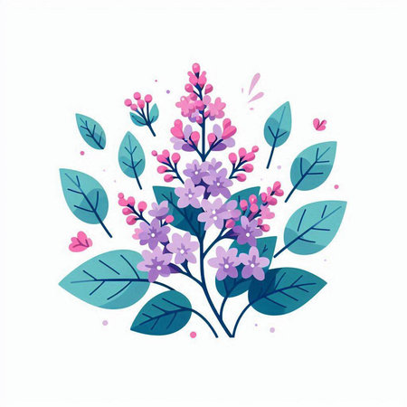 Bouquet of lilac flowers with leaves. Vector illustration.のイラスト素材