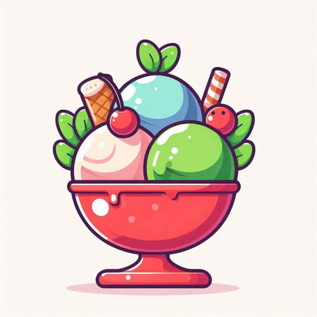 Ice cream in glass bowl with fruits and berries. Vector illustration.のイラスト素材