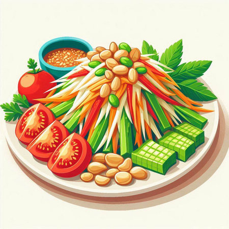 Illustration of papaya salad with vegetables, herbs and sauce.のイラスト素材