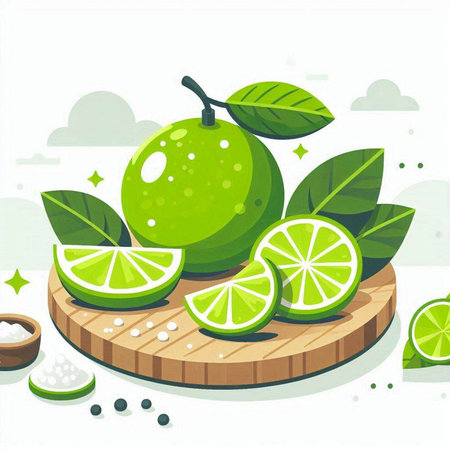 Lime fruit with leaves and salt on wooden board. Vector illustration.のイラスト素材