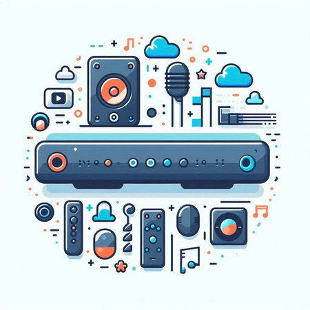 Vector illustration in flat linear style - sound system with speakers and microphoneのイラスト素材