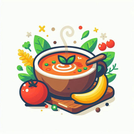 Pumpkin soup in a bowl with fruits and vegetables. Vector illustration.のイラスト素材