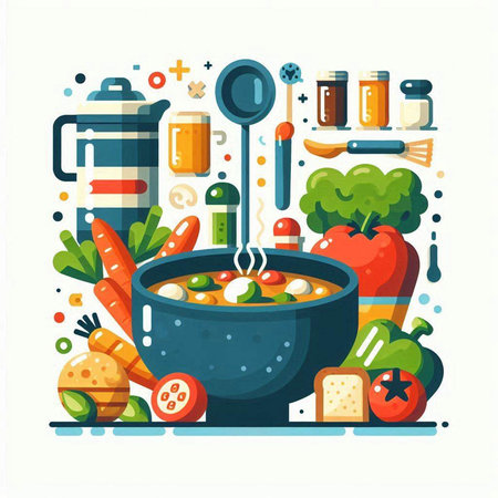 Vegetable soup in the pot. Healthy food concept. Vector illustrationのイラスト素材