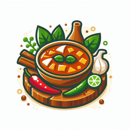 Illustration of spicy soup with herbs and spices. Vector illustration.のイラスト素材