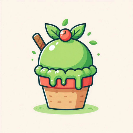 Cute cartoon ice cream cupcake with berries, vector illustration.のイラスト素材