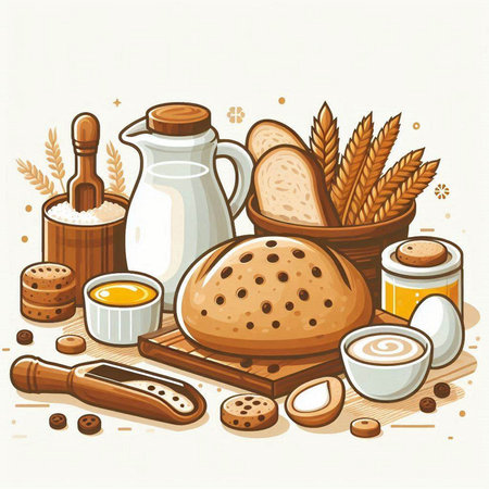 Illustration of a set of bread and bakery products. Vector illustrationのイラスト素材