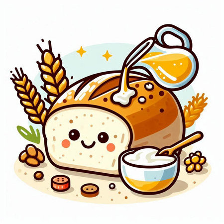 Cute cartoon bread character with milk and wheat. Vector illustration.のイラスト素材