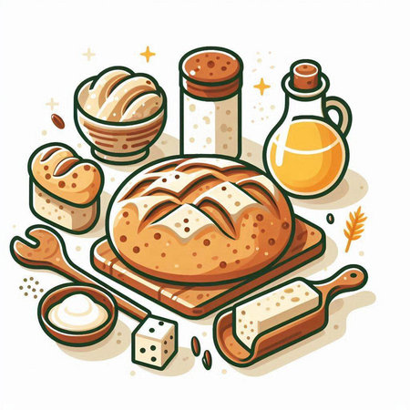 Bread and bakery products on white background. Vector illustration in cartoon style.のイラスト素材