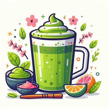 Matcha green tea latte with fresh ingredients. Vector illustration.のイラスト素材