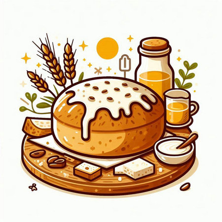 Vector illustration of a loaf of bread with butter, honey, wheat, salt and mustard.のイラスト素材