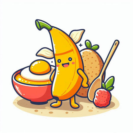 Funny cartoon banana character eating yogurt and strawberries. Vector illustration.のイラスト素材