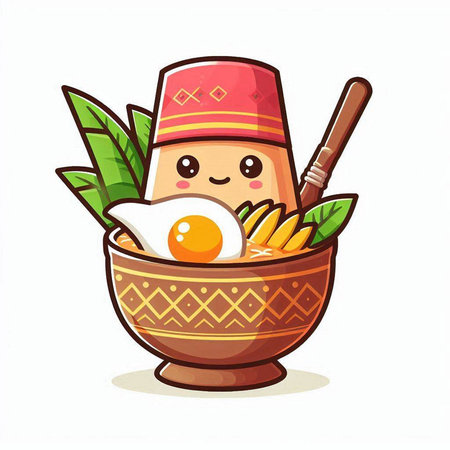 Illustration of kawaii bowl of rice with egg and chopsticksのイラスト素材
