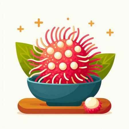 Rambutan fruit in ceramic bowl. Vector illustration of rambutan fruit.のイラスト素材
