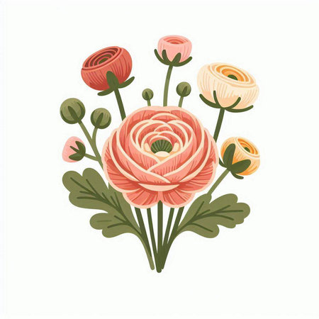 Ranunculus flowers bouquet. Hand drawn vector illustration.のイラスト素材