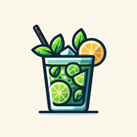 Cocktail with lime, mint and ice. Vector illustration.のイラスト素材