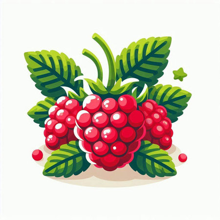 Raspberries with leaves on a white background. Vector illustration.のイラスト素材