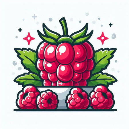 Raspberry vector illustration. Hand drawn cartoon raspberry with green leaves.のイラスト素材