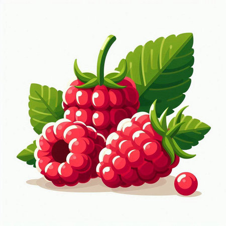 Raspberry with leaves isolated on white background. Vector illustration in cartoon style.のイラスト素材