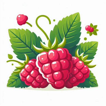 Raspberry with green leaves isolated on white background. Vector illustration.のイラスト素材